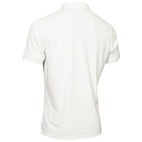 A white short-sleeved polo shirt is displayed flat with the back facing outward showcasing a smooth fabric and a simple design suitable for casual or semi-formal wear.