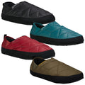 Four pairs of cozy slip-on shoes display a quilted design in black red teal and olive green positioned together against a white background showcasing a casual comfortable style for indoor or outdoor use.