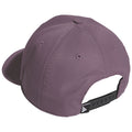 A purple baseball cap is positioned with the back facing the viewer showcasing its structured design and adjustable strap in a casual setting likely intended for outdoor wear.