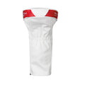 A white athletic sleeve with a red band at the top designed for sportswear is positioned upright against a plain background showcasing its smooth fabric and elastic features.