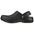 A black rubber clog is shown turned to the side with a back strap and textured sole lacking laces designed for comfort and easy wear primarily used in casual or work settings