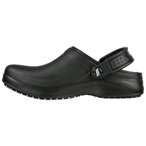 A black rubber clog is shown turned to the side with a back strap and textured sole lacking laces designed for comfort and easy wear primarily used in casual or work settings