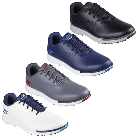 Four pairs of golf shoes are displayed. Each pair varies in color including black, navy, gray, and white. The shoes feature laces and textured soles designed for traction.