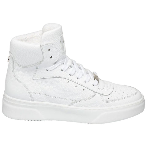 A white high-top sneaker is displayed upright featuring a textured leather exterior and a plush collar contrasting with the smooth base sole emphasizing a sporty aesthetic in a neutral setting