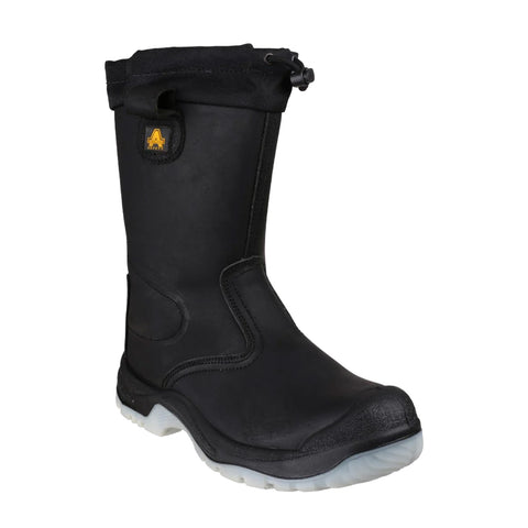 A black rubber boot stands upright featuring a reinforced toe and a textured sole designed for traction with a black fabric cuff at the top for secure fastening.