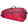 Red tennis bag with a large Wilson logo prominently displayed unzipped at the top showing storage space for tennis equipment and featuring blue accents and handles for easy carrying.