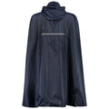 A navy blue rain poncho with a hood hangs vertically featuring a reflective strip across the back designed to provide protection from rain in outdoor environments.