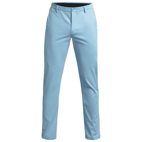 Light blue golf chinos are displayed standing upright, featuring a smooth fabric texture with a fitted design. They are ideal for casual or semi-formal golfing occasions and are set against a plain white background.