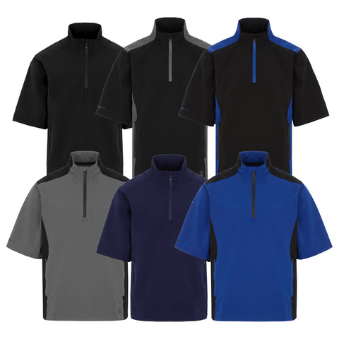 Six short-sleeve quarter-zip shirts are displayed in various colors including black grey blue and navy arranged in two rows showcasing their contrasting design and style.