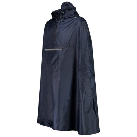 A dark navy rain poncho stands upright showcasing a hooded design with a front pocket and a side pocket highlighting its functional features for outdoor use.