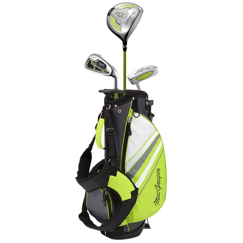 A golf bag stands upright carrying various clubs including a driver and iron with a distinctive black and bright green design featuring straps for easy carrying and the brand name MacGregor visible.