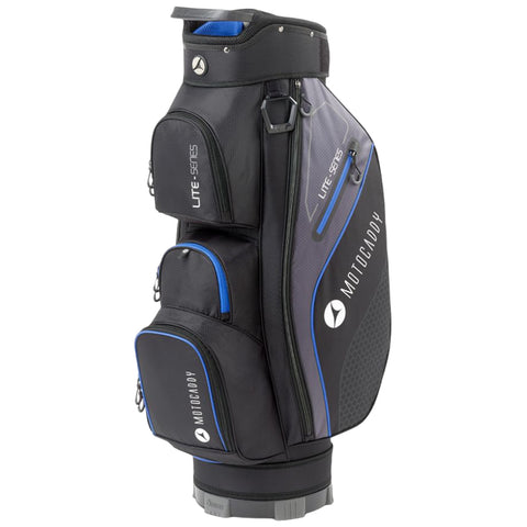 A black and gray golf bag with blue accents stands upright featuring multiple zippered compartments for storage designed to carry golf clubs and accessories on the golf course.