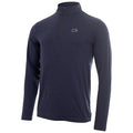 A navy long-sleeve pullover features a half-zip neckline and a small logo on the chest, suitable for casual or athletic wear in a variety of settings.