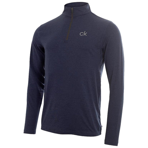 A navy long-sleeve pullover features a half-zip neckline and a small logo on the chest, suitable for casual or athletic wear in a variety of settings.