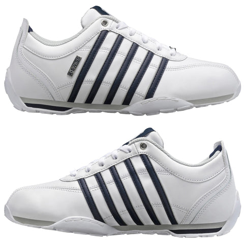 A pair of sporty white sneakers with navy blue stripes is displayed side by side emphasizing their sleek design and lace-up closure against a neutral background.