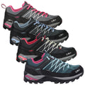 Four pairs of waterproof outdoor shoes are arranged in a row. Each pair features a different color scheme with distinct lacing designs and textures suitable for various outdoor activities.