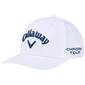 A white baseball cap features blue embroidered text reading Callaway on the front and the words Chrome Tour on the side, designed for sporting or casual wear.