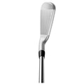 A golf club with a sleek silver head and a black shaft is positioned upright against a plain background displaying its angled face and textured striking surface for precision shots.