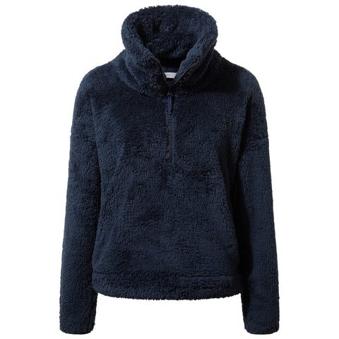 A navy blue fleece pullover with a high collar features a half zip closure at the front and long sleeves showcasing a soft textured fabric ideal for warmth in colder settings.