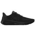 A black athletic shoe with a mesh upper features a prominent logo on the side and a textured sole designed for comfort and performance, set against a neutral background.