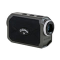 A compact laser rangefinder with a textured black surface and silver accents measures distances accurately on the golf course designed for outdoor sports enthusiasts.