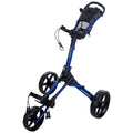 A blue golf push cart stands upright with three wheels and a compact frame designed for carrying golf bags. The handle features a storage compartment and a mesh pocket for accessories.