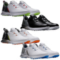 Four pairs of golf shoes are displayed with varied colors including white black and gray featuring different sole patterns and accents in orange green and blue arranged in a stacked layout