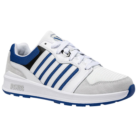 A white sneaker with blue and black accents is positioned prominently on a flat surface featuring a mesh upper and rubber sole designed for comfort and casual sportswear.