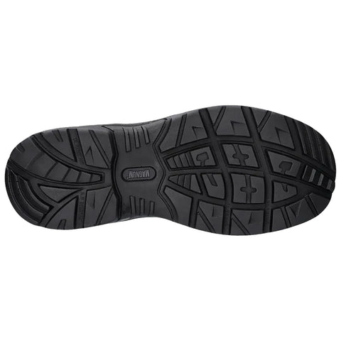 A black shoe sole is displayed showing a detailed tread pattern designed for traction and grip while resting flat against a neutral background. The brand name is prominently featured.