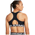 A black athletic sports bra features a racerback design and a cutout at the back while being worn by a young woman with a braided hairstyle in a simple white background.