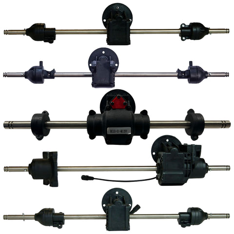 A series of mechanical components featuring black plastic and metallic parts arranged vertically with various connectors and mounts showcasing different angles of a drive axle used in machinery.