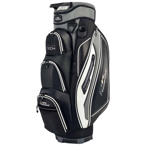 A black and white golf bag stands upright displaying multiple zippered pockets and compartments for storage designed for carrying golf clubs and accessories on the course.