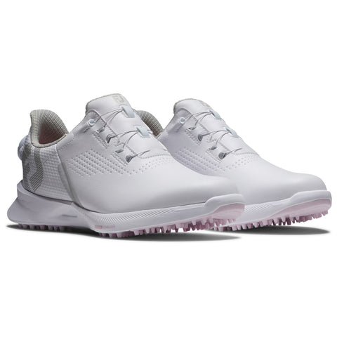 A pair of white golf shoes is displayed featuring a modern design with a textured surface and lace-up closure set against a simple background designed for athletic performance on the course.