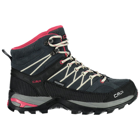 A black and gray waterproof hiking boot features pink accents and laces with a high ankle design and a rugged sole for traction, ideal for outdoor activities in varied terrain.