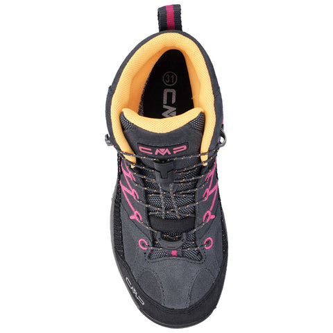 A black and pink climbing shoe with a textured surface features a yellow lining and integrated lacing system designed for enhanced grip and support in outdoor climbing activities.