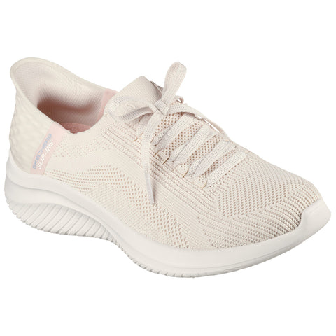 A light beige sneaker with a breathable knitted upper features a soft sole and laces tied at the front designed for comfort and ease of wear in casual settings.