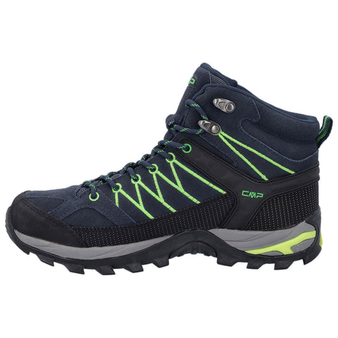 A hiking boot stands upright showcasing a dark blue and black design with bright green accents laces and eyelets positioned for outdoor use on rocky or uneven terrain.