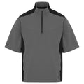 A short-sleeved gray sports shirt with a high collar has black accents on the shoulders and side zipper pockets designed for casual or athletic wear in versatile environments.