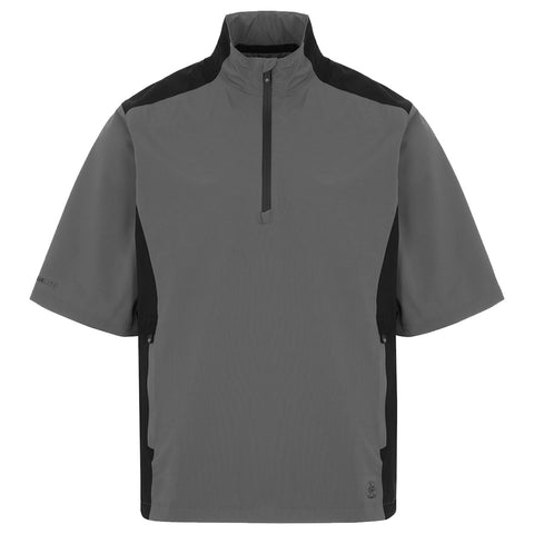 A short-sleeved gray sports shirt with a high collar has black accents on the shoulders and side zipper pockets designed for casual or athletic wear in versatile environments.