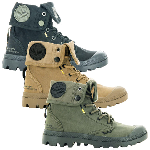 Three pairs of rugged boots in black, tan, and green are displayed side by side showcasing their durable design and foldable collar feature suitable for outdoor activities and casual wear.