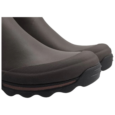 Two brown footwear items are positioned close together showcasing a textured surface and a distinctly shaped sole designed for comfort and support in outdoor environments.