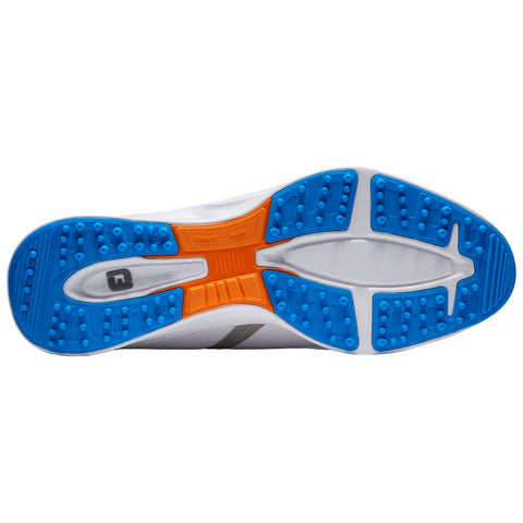 A white athletic shoe sole features textured blue zones and an orange stability insert highlighted with "STABILITY" and "GRIDS." It is designed for grip and support on various surfaces.