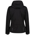 A black hooded jacket hangs vertically displaying its back view featuring a fitted silhouette with side zippers and a smooth fabric texture suitable for outdoor wear.