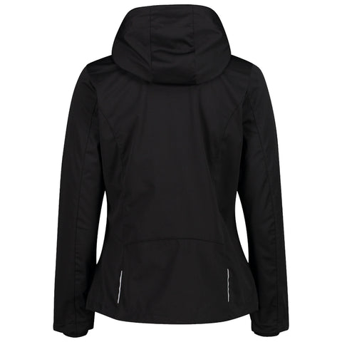 A black hooded jacket hangs vertically displaying its back view featuring a fitted silhouette with side zippers and a smooth fabric texture suitable for outdoor wear.