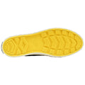 A yellow rubber sole features a textured pattern designed for traction while lying flat against a plain background, indicating its purpose for use in footwear.