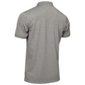 A gray polo shirt is displayed showing its back side with short sleeves and a collar in a plain fabric without any visible design or logo, highlighting simplicity and casual style.