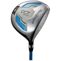 A golf driver with a shiny silver head and a blue and black shaft sits tilted, showcasing its aerodynamic design and branding, intended for driving golf balls in various playing environments.