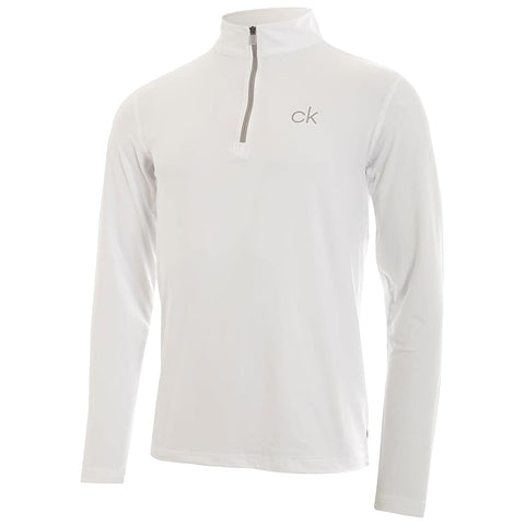 A white long-sleeve shirt with a quarter zipper is presented upright. It features a minimalist design and the letters "ck" are printed on the upper left side.