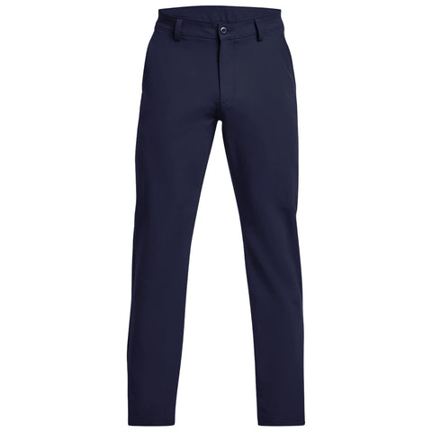 Navy blue trousers stand upright showcasing a slim fit design with a front button closure and belt loops in a neutral background highlighting their tailored appearance suitable for both casual and formal occasions