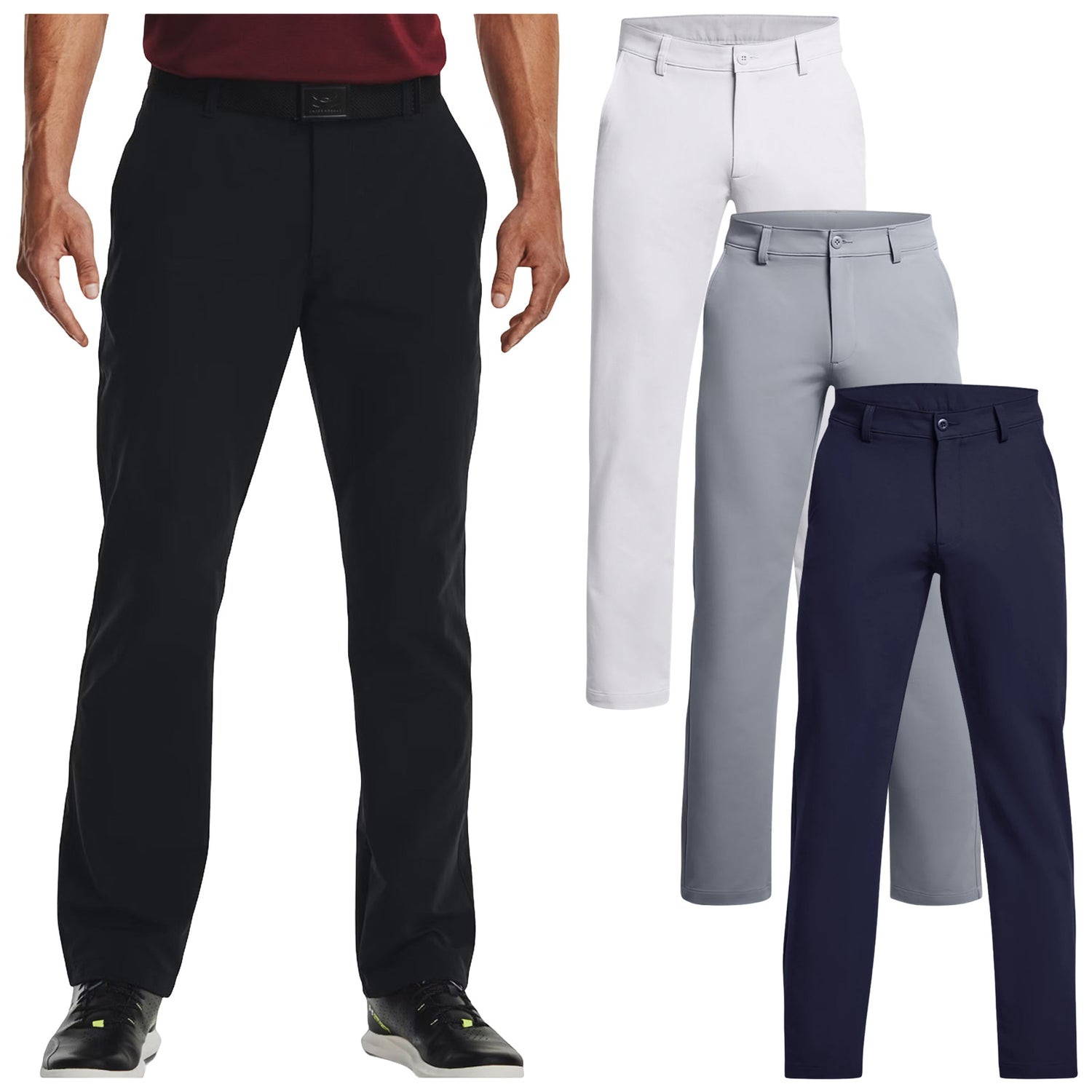 A person wearing black pants stands in front of four pairs of golf pants in colors white gray and navy all displayed vertically on a plain background representing golf apparel choices.